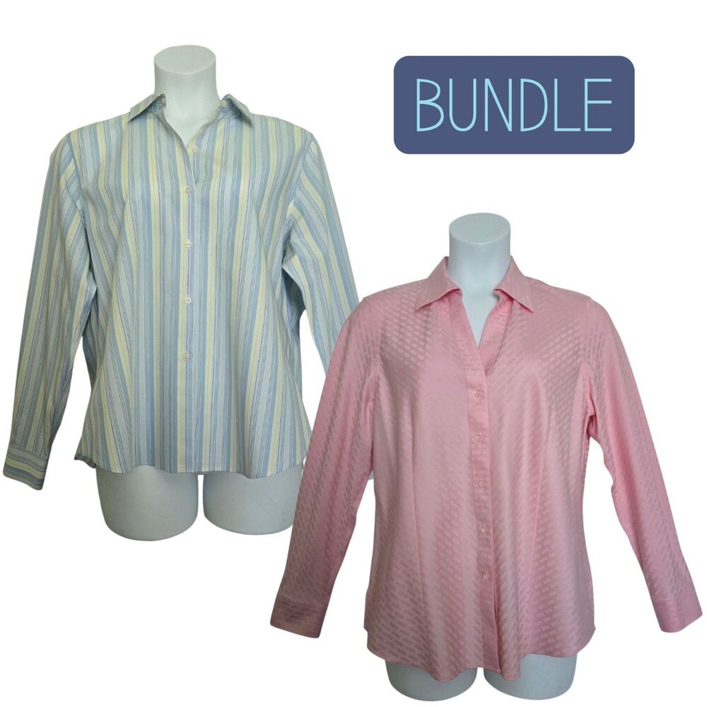 BUNDLE - Two 100% Cotton No Iron Shirts Button Front Career Office Fits Sz 14/16